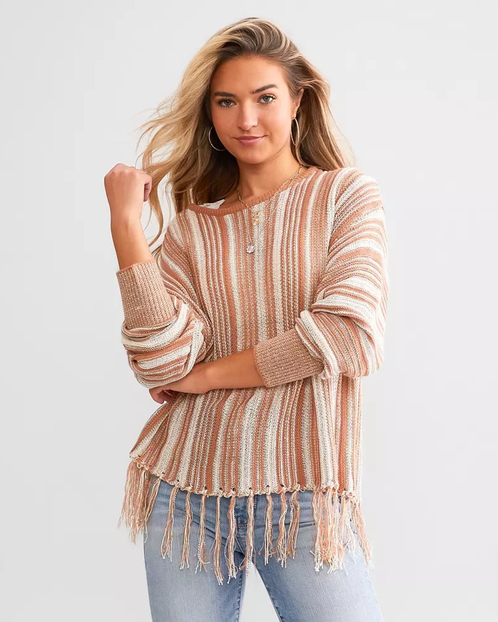 BKE Slouchy Striped Knit Fringe Sweater